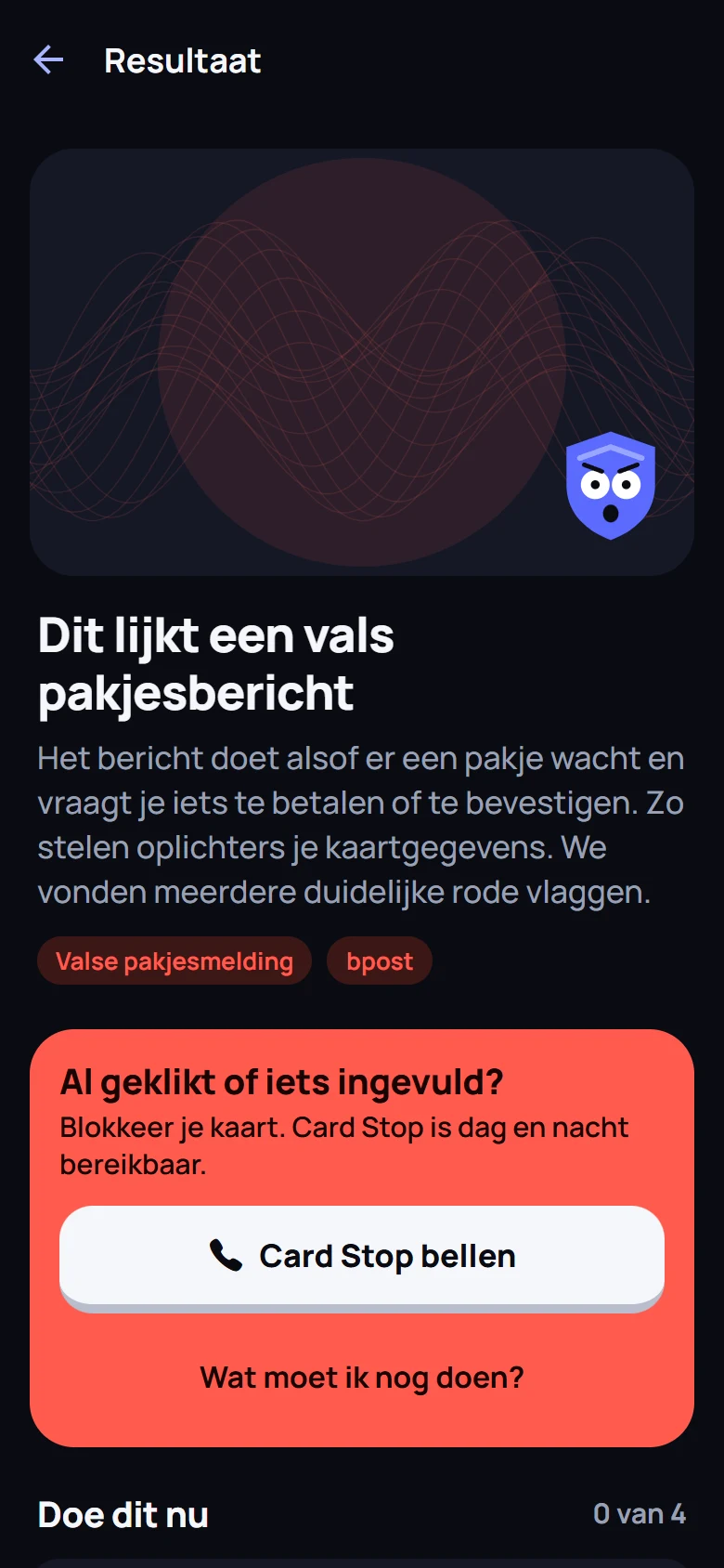 Het resultaatscherm van Kloptet met een vals pakjesbericht